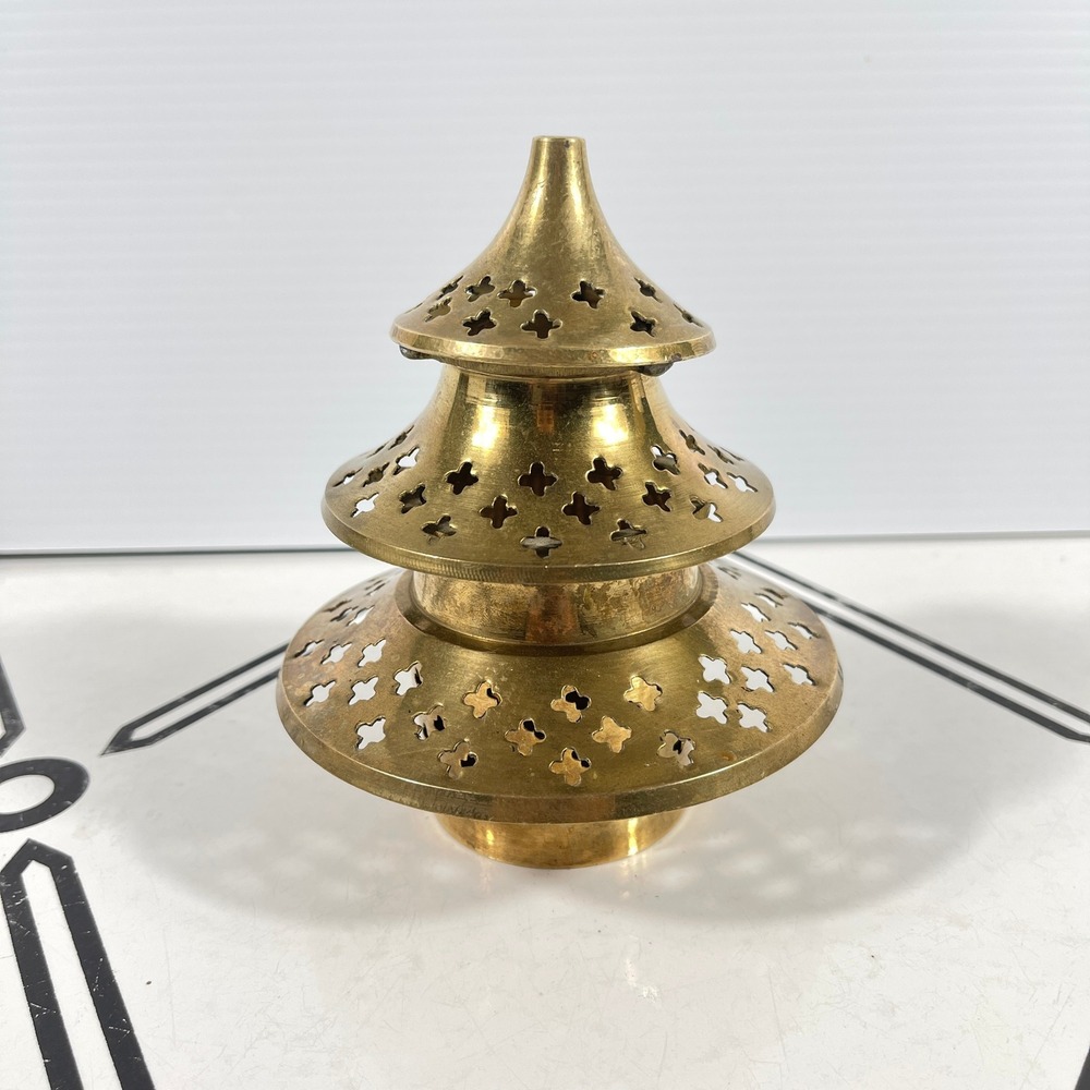 Vintage Brass Pagoda Christmas Tree Incense Burner Tea Light Holder‎ 5in
